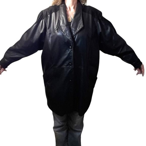 Y2K Leather Coat TEXTURED DETAIL Size L BLACK Patterned Accents Oversized Snaps - Picture 11 of 16